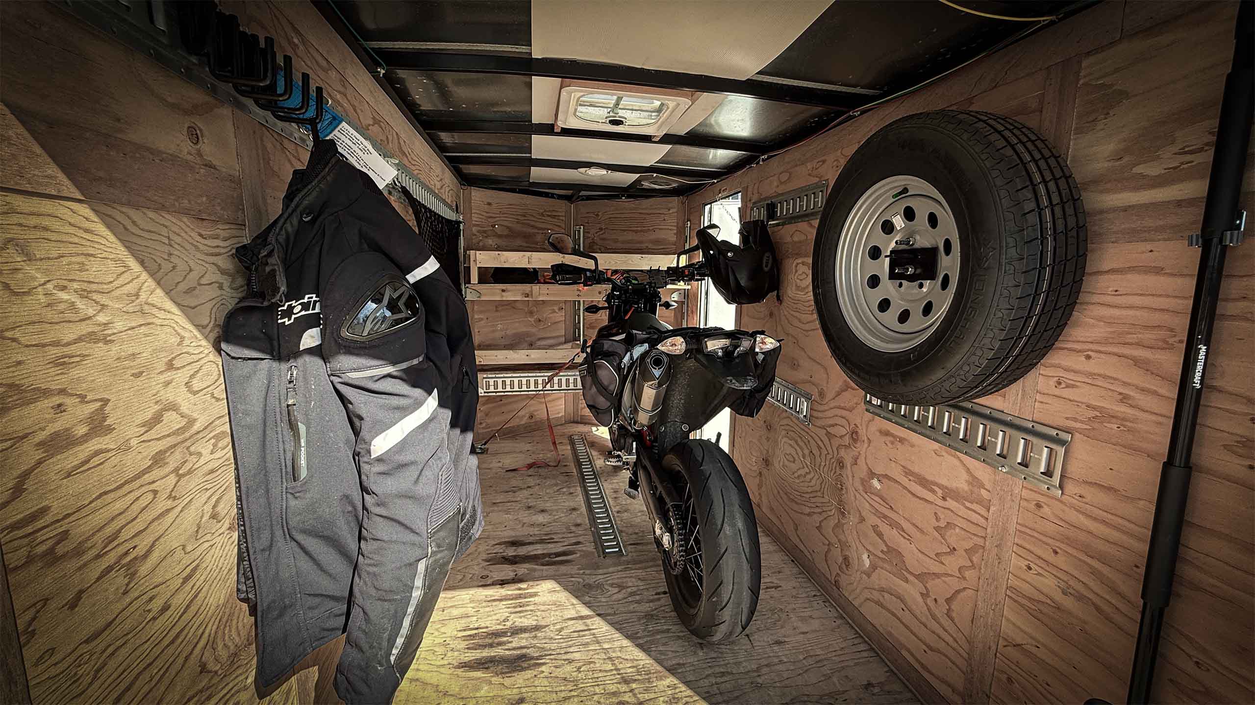Motorcycle in enclosed trailer